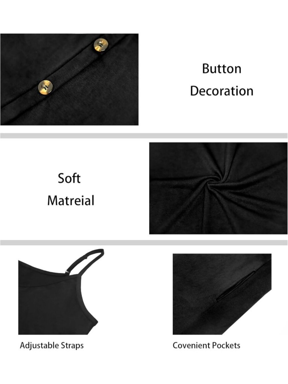 Women's Black Summer Dresses Spaghetti Strap Button Down V Neck Sundress Beach - Picture 6 of 7
